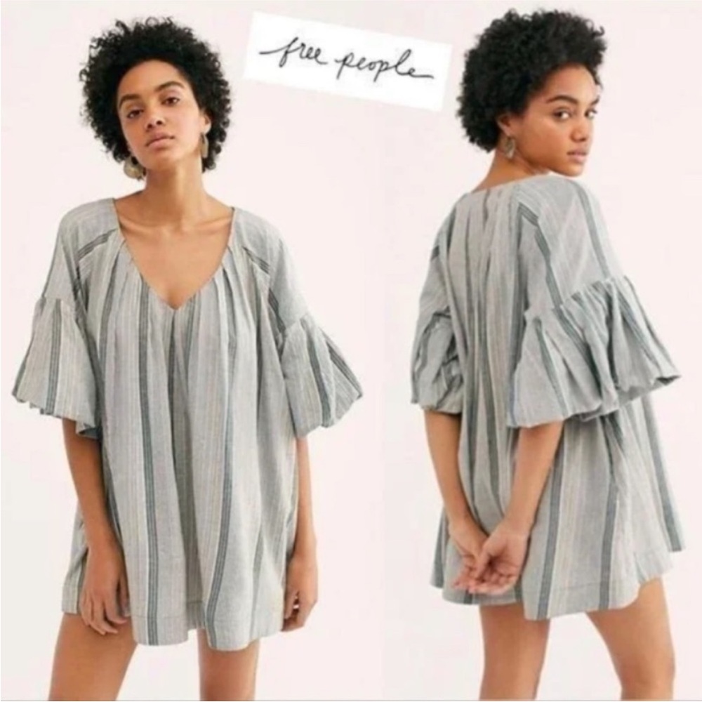 Free People Aleida Mini Dress/ Puff Sleeves/Green Striped/V-Neck - Picture 7 of 9